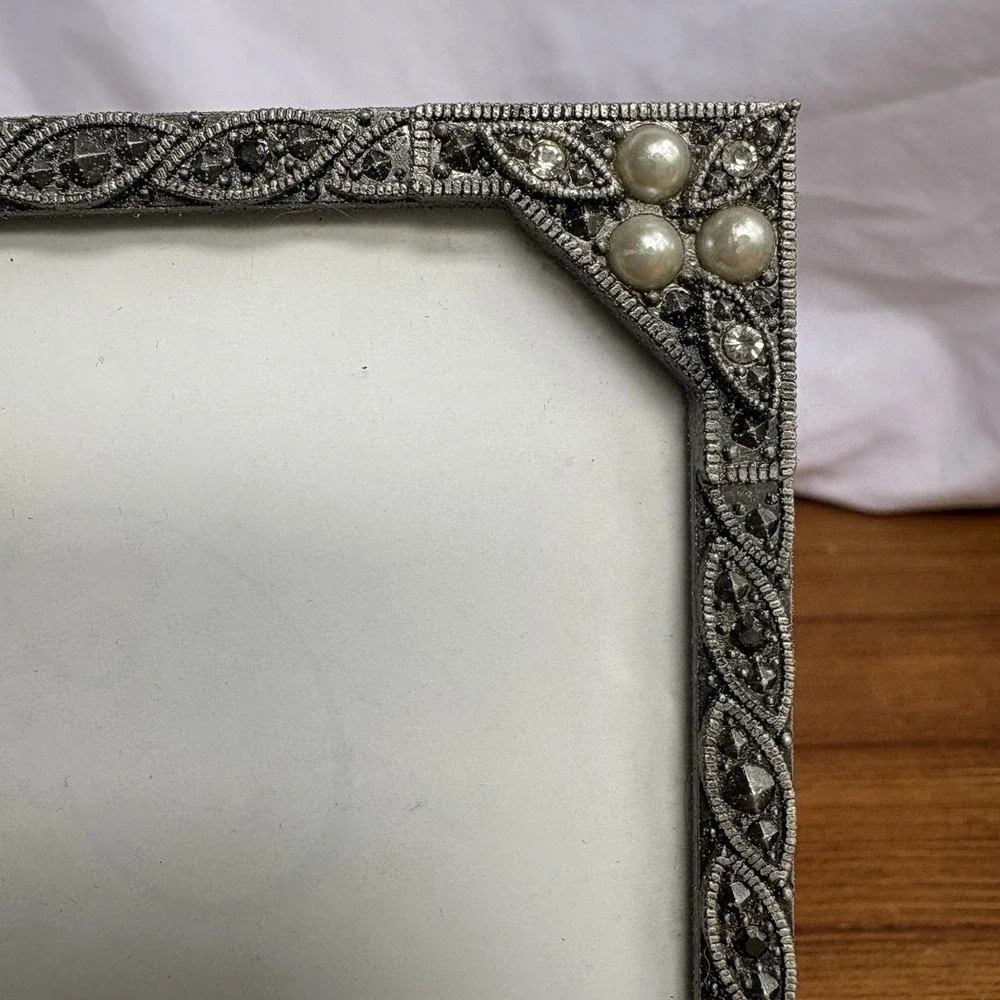 Carr Silver Tone Marcasite & Faux Pearl Picture Frame 4x6 Photo Frame